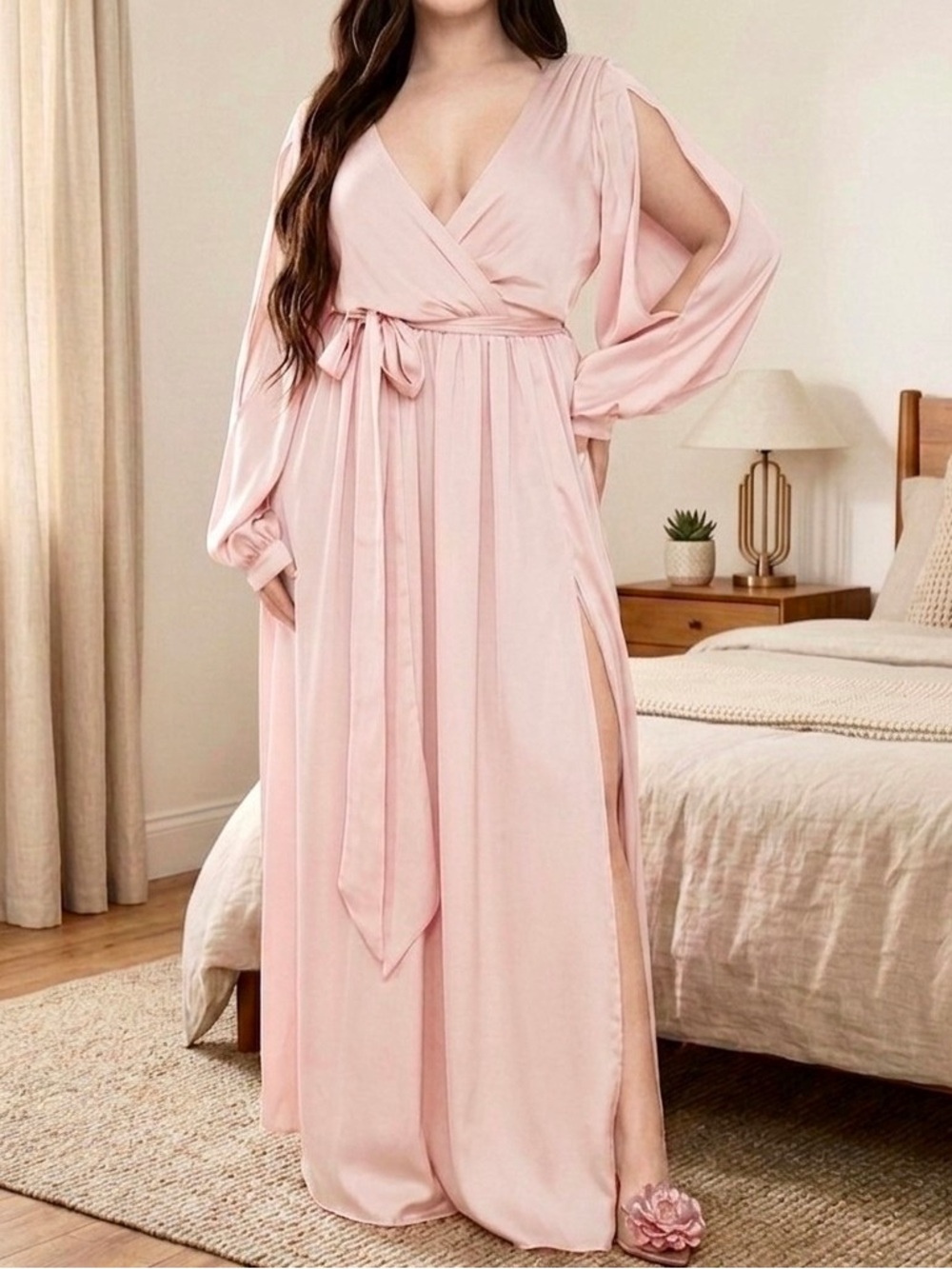 Women’s Blush Pink Wrap Maxi Dress with Tie Waist